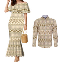 Pasifika Sataoa Pattern Simple Motif Couples Matching Mermaid Dress and Long Sleeve Button Shirt Beige Tan LT9 Beige Tan - Polynesian Pride