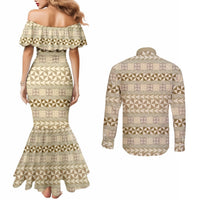 Pasifika Sataoa Pattern Simple Motif Couples Matching Mermaid Dress and Long Sleeve Button Shirt Beige Tan LT9 - Polynesian Pride