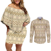 Pasifika Sataoa Pattern Simple Motif Couples Matching Off Shoulder Short Dress and Long Sleeve Button Shirt Beige Tan LT9 Beige Tan - Polynesian Pride
