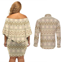 Pasifika Sataoa Pattern Simple Motif Couples Matching Off Shoulder Short Dress and Long Sleeve Button Shirt Beige Tan LT9 - Polynesian Pride