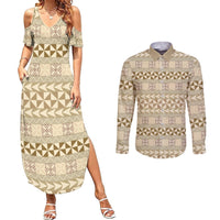 Pasifika Sataoa Pattern Simple Motif Couples Matching Summer Maxi Dress and Long Sleeve Button Shirt Beige Tan LT9 Beige Tan - Polynesian Pride