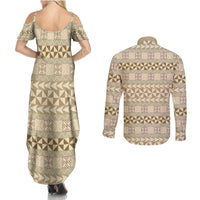 Pasifika Sataoa Pattern Simple Motif Couples Matching Summer Maxi Dress and Long Sleeve Button Shirt Beige Tan LT9 - Polynesian Pride