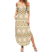 Pasifika Sataoa Pattern Simple Motif Summer Maxi Dress Beige Tan LT9 Women Beige Tan - Polynesian Pride