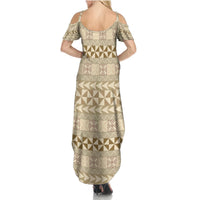 Pasifika Sataoa Pattern Simple Motif Summer Maxi Dress Beige Tan LT9 - Polynesian Pride