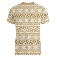 Pasifika Sataoa Pattern Simple Motif Women V Neck T Shirt Beige Tan LT9 - Polynesian Pride