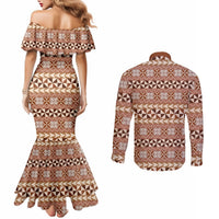 Pasifika Sataoa Pattern Simple Motif Couples Matching Mermaid Dress and Long Sleeve Button Shirt Brown Beige Tan LT9 - Polynesian Pride