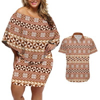 Pasifika Sataoa Pattern Simple Motif Couples Matching Off Shoulder Short Dress and Hawaiian Shirt Brown Beige Tan LT9 Brown - Polynesian Pride