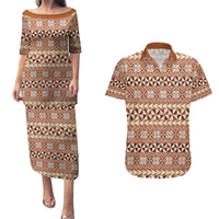Pasifika Sataoa Pattern Simple Motif Couples Matching Puletasi and Hawaiian Shirt Brown Beige Tan LT9 Brown - Polynesian Pride