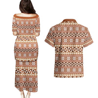 Pasifika Sataoa Pattern Simple Motif Couples Matching Puletasi and Hawaiian Shirt Brown Beige Tan LT9 - Polynesian Pride