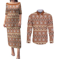 Pasifika Sataoa Pattern Simple Motif Couples Matching Puletasi and Long Sleeve Button Shirt Brown Beige Tan LT9 Brown - Polynesian Pride
