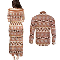 Pasifika Sataoa Pattern Simple Motif Couples Matching Puletasi and Long Sleeve Button Shirt Brown Beige Tan LT9 - Polynesian Pride