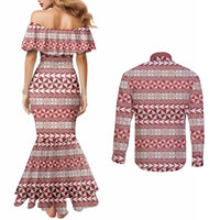 Pasifika Sataoa Pattern Simple Motif Couples Matching Mermaid Dress and Long Sleeve Button Shirt Cherry LT9 - Polynesian Pride