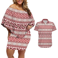 Pasifika Sataoa Pattern Simple Motif Couples Matching Off Shoulder Short Dress and Hawaiian Shirt Cherry LT9 Cherry - Polynesian Pride