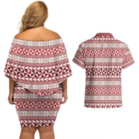 Pasifika Sataoa Pattern Simple Motif Couples Matching Off Shoulder Short Dress and Hawaiian Shirt Cherry LT9 - Polynesian Pride