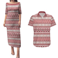 Pasifika Sataoa Pattern Simple Motif Couples Matching Puletasi and Hawaiian Shirt Cherry LT9 Cherry - Polynesian Pride