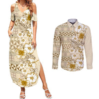 Pasifika Sataoa Pattern Plumeria Vintage Couples Matching Summer Maxi Dress and Long Sleeve Button Shirt Beige Tan LT9 Beige Tan - Polynesian Pride