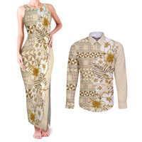 Pasifika Sataoa Pattern Plumeria Vintage Couples Matching Tank Maxi Dress and Long Sleeve Button Shirt Beige Tan LT9 Beige Tan - Polynesian Pride
