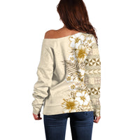Pasifika Sataoa Pattern Plumeria Vintage Off Shoulder Sweater Beige Tan LT9 - Polynesian Pride