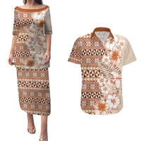 Pasifika Sataoa Pattern Plumeria Vintage Couples Matching Puletasi and Hawaiian Shirt Brown Beige Tan LT9 Brown - Polynesian Pride