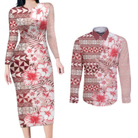Pasifika Sataoa Pattern Plumeria Vintage Couples Matching Long Sleeve Bodycon Dress and Long Sleeve Button Shirt Cherry LT9 Cherry - Polynesian Pride