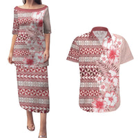 Pasifika Sataoa Pattern Plumeria Vintage Couples Matching Puletasi and Hawaiian Shirt Cherry LT9 Cherry - Polynesian Pride
