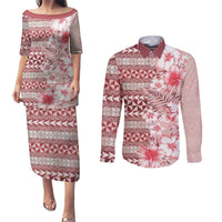 Pasifika Sataoa Pattern Plumeria Vintage Couples Matching Puletasi and Long Sleeve Button Shirt Cherry LT9 Cherry - Polynesian Pride