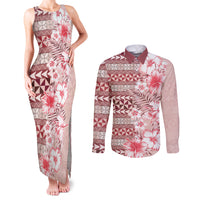 Pasifika Sataoa Pattern Plumeria Vintage Couples Matching Tank Maxi Dress and Long Sleeve Button Shirt Cherry LT9 Cherry - Polynesian Pride