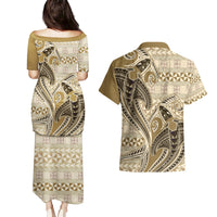 Vintage Hammerhead Shark Valentine Day Couples Matching Puletasi and Hawaiian Shirt Pasifika Sataoa Pattern - Beige Tan LT9 - Polynesian Pride