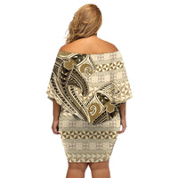 Vintage Hammerhead Shark Valentine Day Off Shoulder Short Dress Pasifika Sataoa Pattern - Beige Tan LT9 - Polynesian Pride