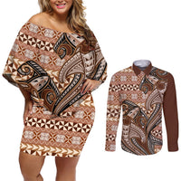 Vintage Hammerhead Shark Valentine Day Couples Matching Off Shoulder Short Dress and Long Sleeve Button Shirt Pasifika Sataoa Pattern - Brown Beige Tan LT9 Brown - Polynesian Pride