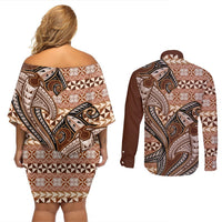 Vintage Hammerhead Shark Valentine Day Couples Matching Off Shoulder Short Dress and Long Sleeve Button Shirt Pasifika Sataoa Pattern - Brown Beige Tan LT9 - Polynesian Pride