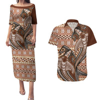 Vintage Hammerhead Shark Valentine Day Couples Matching Puletasi and Hawaiian Shirt Pasifika Sataoa Pattern - Brown Beige Tan LT9 Brown - Polynesian Pride