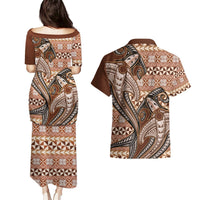 Vintage Hammerhead Shark Valentine Day Couples Matching Puletasi and Hawaiian Shirt Pasifika Sataoa Pattern - Brown Beige Tan LT9 - Polynesian Pride