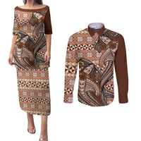 Vintage Hammerhead Shark Valentine Day Couples Matching Puletasi and Long Sleeve Button Shirt Pasifika Sataoa Pattern - Brown Beige Tan LT9 Brown - Polynesian Pride