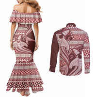Vintage Hammerhead Shark Valentine Day Couples Matching Mermaid Dress and Long Sleeve Button Shirt Pasifika Sataoa Pattern - Cherry LT9 - Polynesian Pride
