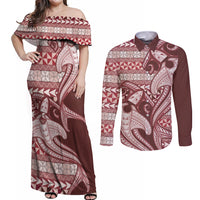 Vintage Hammerhead Shark Valentine Day Couples Matching Off Shoulder Maxi Dress and Long Sleeve Button Shirt Pasifika Sataoa Pattern - Cherry LT9 Cherry - Polynesian Pride