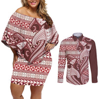 Vintage Hammerhead Shark Valentine Day Couples Matching Off Shoulder Short Dress and Long Sleeve Button Shirt Pasifika Sataoa Pattern - Cherry LT9 Cherry - Polynesian Pride