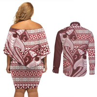Vintage Hammerhead Shark Valentine Day Couples Matching Off Shoulder Short Dress and Long Sleeve Button Shirt Pasifika Sataoa Pattern - Cherry LT9 - Polynesian Pride