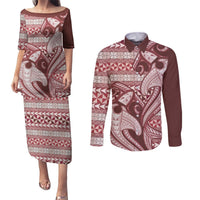 Vintage Hammerhead Shark Valentine Day Couples Matching Puletasi and Long Sleeve Button Shirt Pasifika Sataoa Pattern - Cherry LT9 Cherry - Polynesian Pride