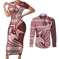 Vintage Hammerhead Shark Valentine Day Couples Matching Short Sleeve Bodycon Dress and Long Sleeve Button Shirt Pasifika Sataoa Pattern - Cherry LT9 Cherry - Polynesian Pride