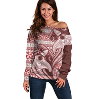 Vintage Hammerhead Shark Valentine Day Off Shoulder Sweater Pasifika Sataoa Pattern - Cherry LT9 Women Cherry - Polynesian Pride