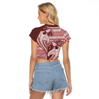 Vintage Hammerhead Shark Valentine Day Raglan Cropped T Shirt Pasifika Sataoa Pattern - Cherry LT9 - Polynesian Pride