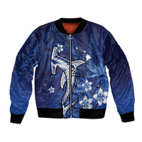 Personalized Hawaiian Maori Hammerhead Shark Bomber Jacket Polu Plumeria LT9 Unisex Blue - Polynesian Pride