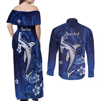 Personalized Hawaiian Maori Hammerhead Shark Couples Matching Off Shoulder Maxi Dress and Long Sleeve Button Shirt Polu Plumeria - Polynesian Pride