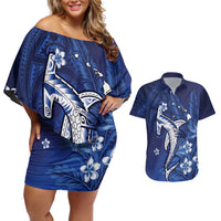 Personalized Hawaiian Maori Hammerhead Shark Couples Matching Off Shoulder Short Dress and Hawaiian Shirt Polu Plumeria - Polynesian Pride