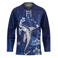 Personalized Hawaiian Maori Hammerhead Shark Hockey Jersey Polu Plumeria LT9 Unisex Blue - Polynesian Pride