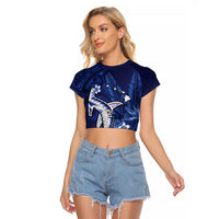 Personalized Hawaiian Maori Hammerhead Shark Raglan Cropped T Shirt Polu Plumeria LT9 Female Blue - Polynesian Pride