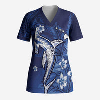 Personalized Hawaiian Maori Hammerhead Shark Scrub Top Polu Plumeria LT9 Adult Blue - Polynesian Pride
