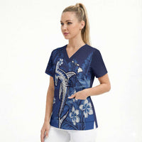 Personalized Hawaiian Maori Hammerhead Shark Scrub Top Polu Plumeria LT9 - Polynesian Pride