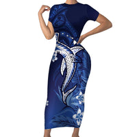 Personalized Hawaiian Maori Hammerhead Shark Short Sleeve Bodycon Dress Polu Plumeria LT9 Long Dress Blue - Polynesian Pride
